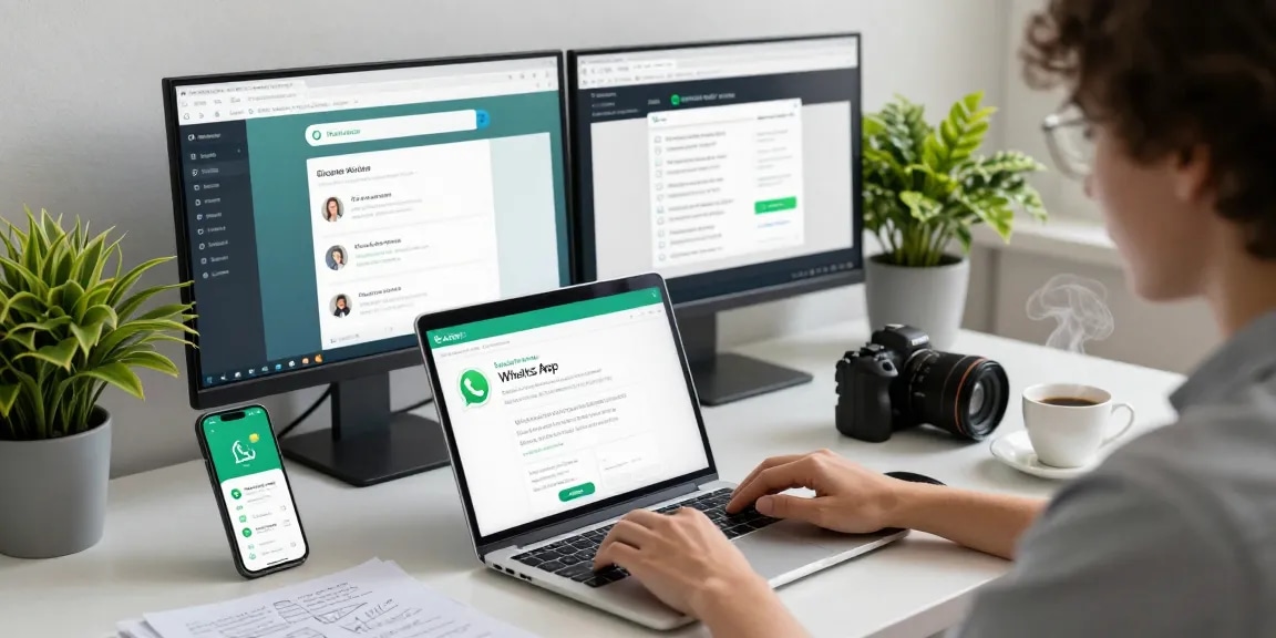 WhatsApp下載 on a professional's laptop in a modern workspace with notifications and coffee