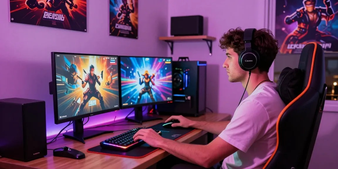 Engaged gamer playing porngames in stylish setup with RGB lights.