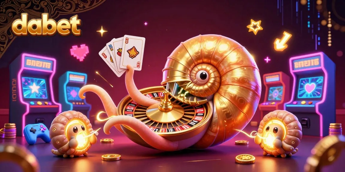 Dabet showcases vibrant casino gaming with a nautilus roulette wheel and glowing arcade elements