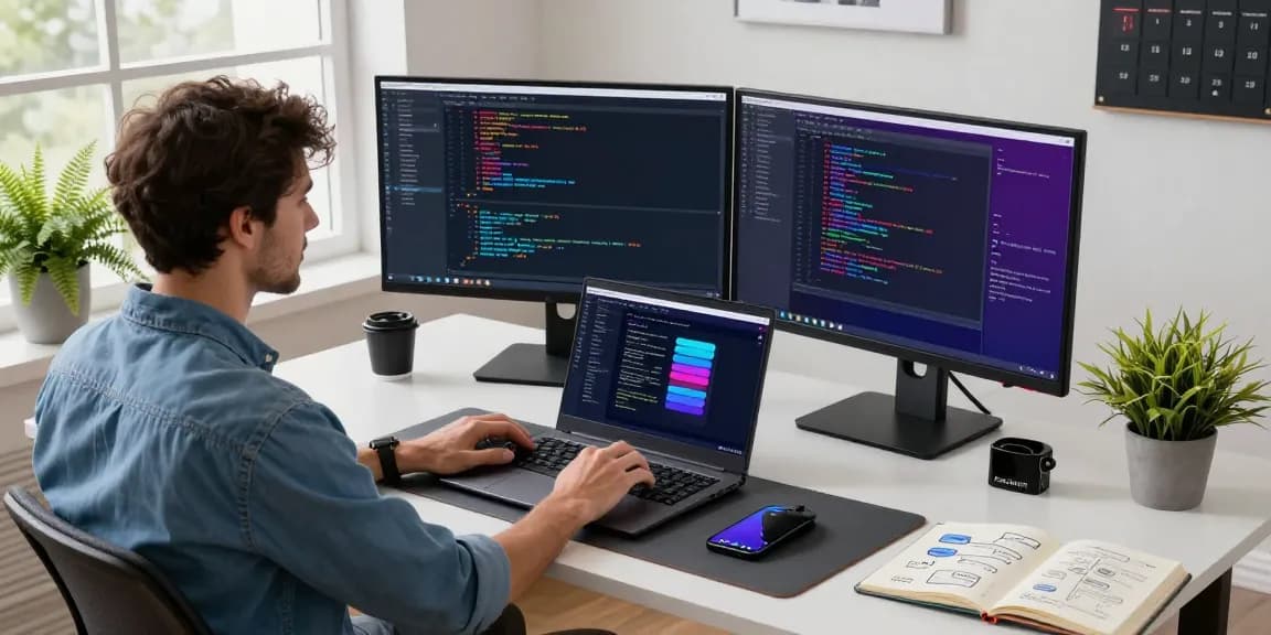 Developer engaging with an AI chatbot application in a modern tech workspace.