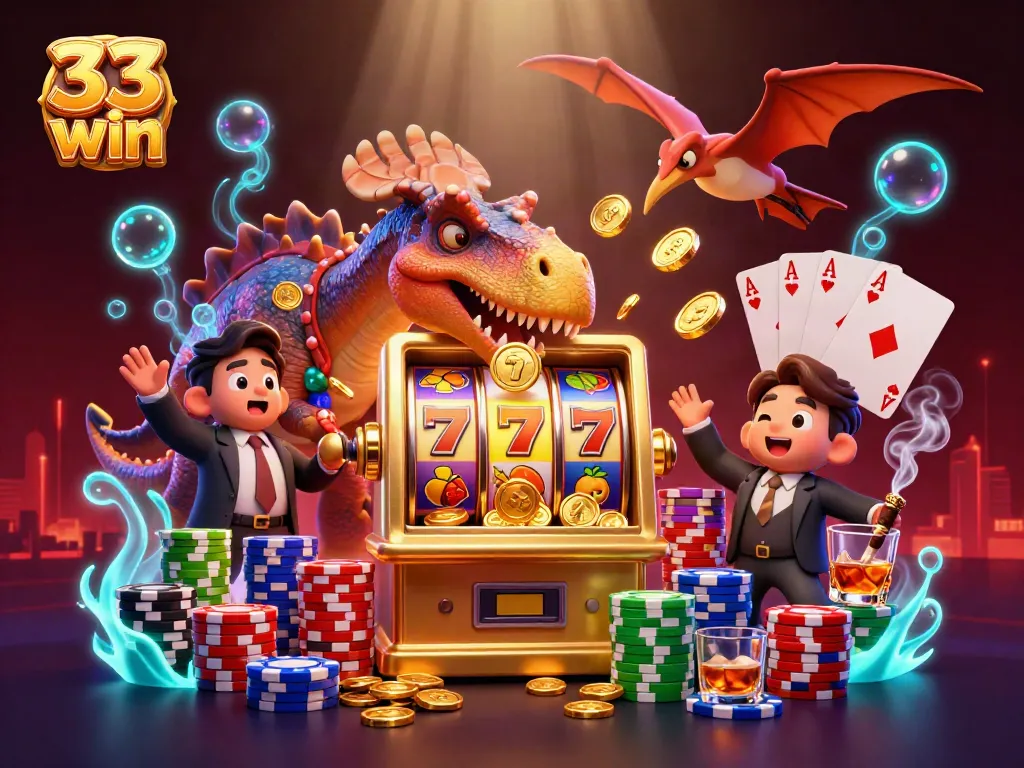 33 win jackpot scene with cartoon characters celebrating wins at a vibrant slot machine