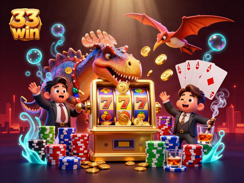 33 win jackpot scene with cartoon characters celebrating wins at a vibrant slot machine