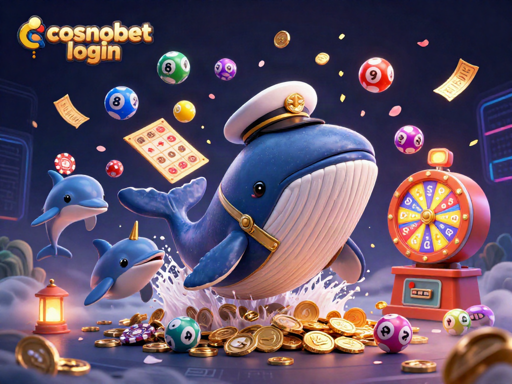 Experience cosmobet login with a fantasy scene featuring whale captains and playful dolphins amidst casino elements.