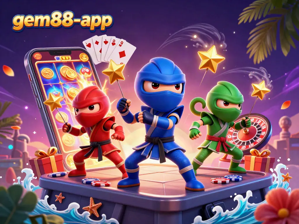 Experience thrilling slots with gem88-app as ninja chameleon characters unleash winning spins.