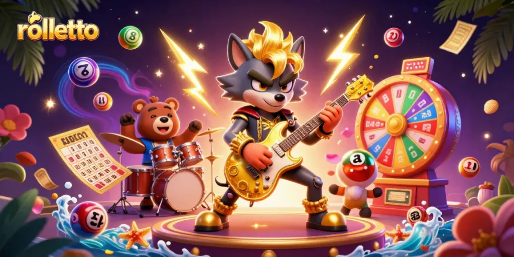 rolletto features a dazzling 3D scene with a rock star wolf and bear drummer amidst vibrant casino elements