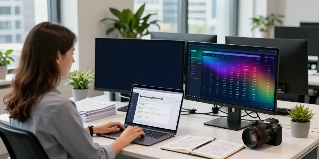 Domain registration UK workspace with a professional woman checking domain availability.