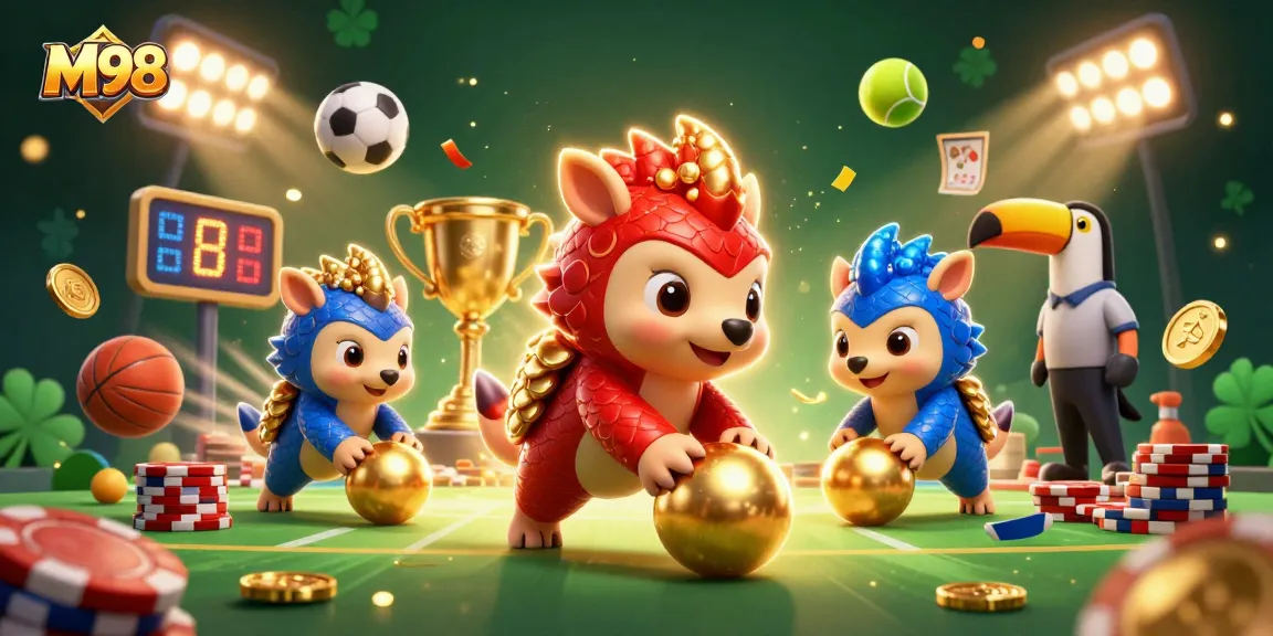 M98 offers dynamic gameplay featuring rival pangolins in a colorful casino illustration.
