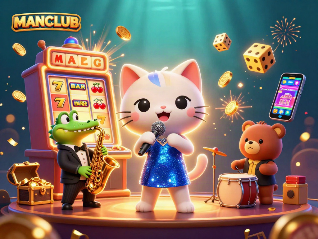 Experience MANCLUB's vibrant casino atmosphere with a jazz cat, sax croc, and drum bear amidst exciting gaming elements.