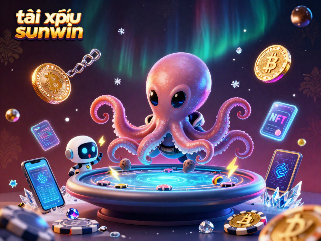 Experience the excitement of tài xỉu sunwin with a 3D alien octopus and neon coins in a cosmic casino.