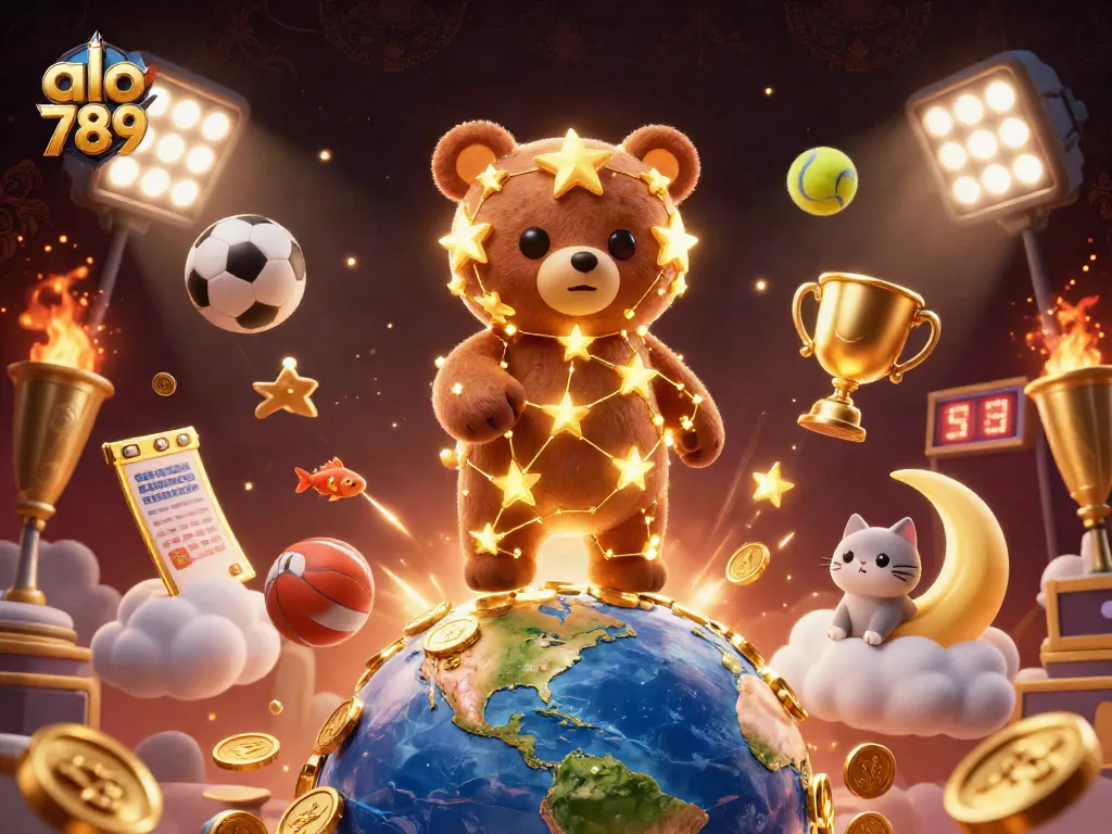 Experience the excitement of betting with alo 789's vibrant scene filled with casino elements and gold coins.