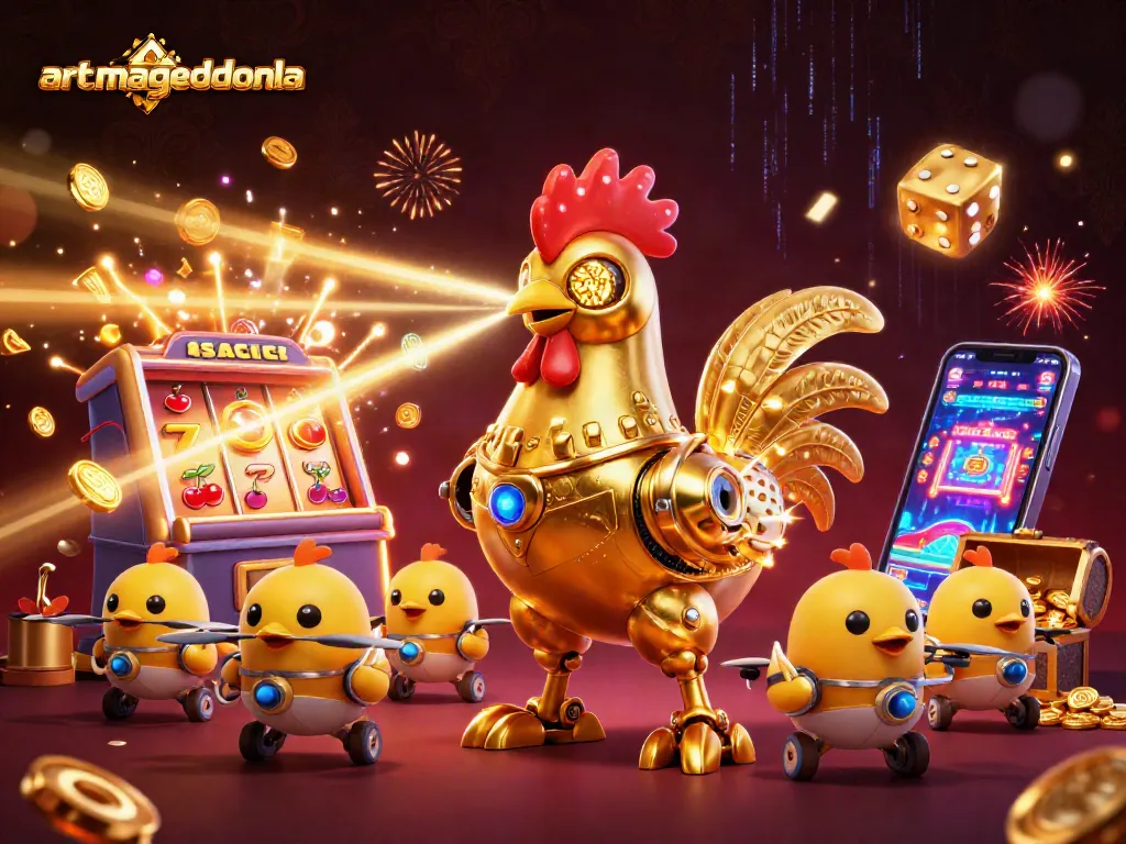 Win big with artmageddonla's vibrant casino scene featuring exciting slot machines and quirky characters.