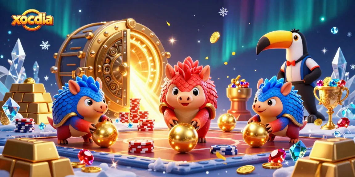 Xocdia pangolins compete in a vibrant online casino scene with confetti and golden treasures.