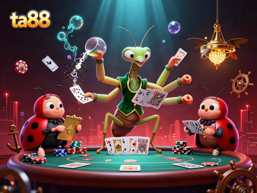 Experience winning at ta88 with a vibrant 3D casino scene featuring a mantis card sharp and ladybug pit boss.