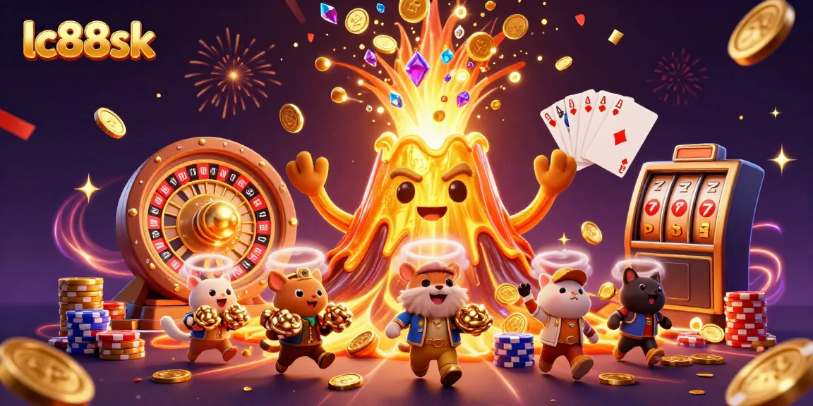 Experience gaming excitement with lc88sk, showcasing triumphant treasure from a golden volcano eruption.