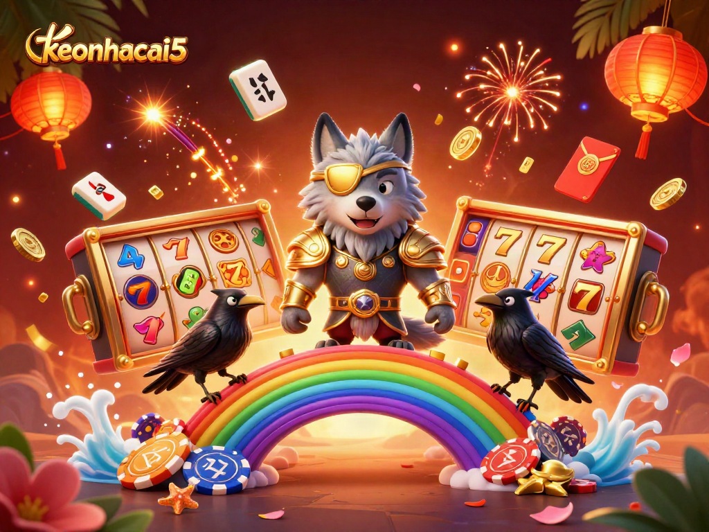 Experience the excitement of keonhacai5 with mythical characters in a vibrant casino scene.