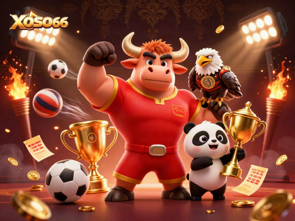 XOSO66 showcases an exciting casino atmosphere with mascots celebrating big wins in a dynamic scene.