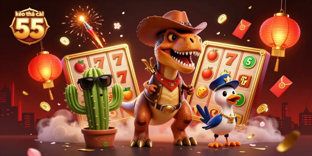 Engage with kèo nhà cái 55 in this vibrant casino scene featuring a cowboy dinosaur and slot reels.