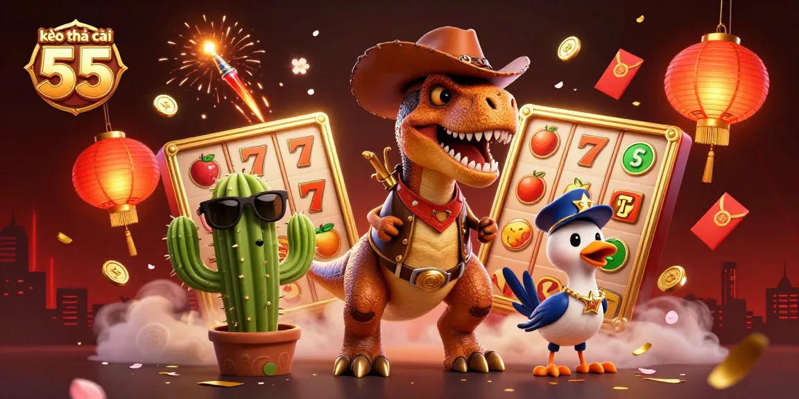 Engage with kèo nhà cái 55 in this vibrant casino scene featuring a cowboy dinosaur and slot reels.