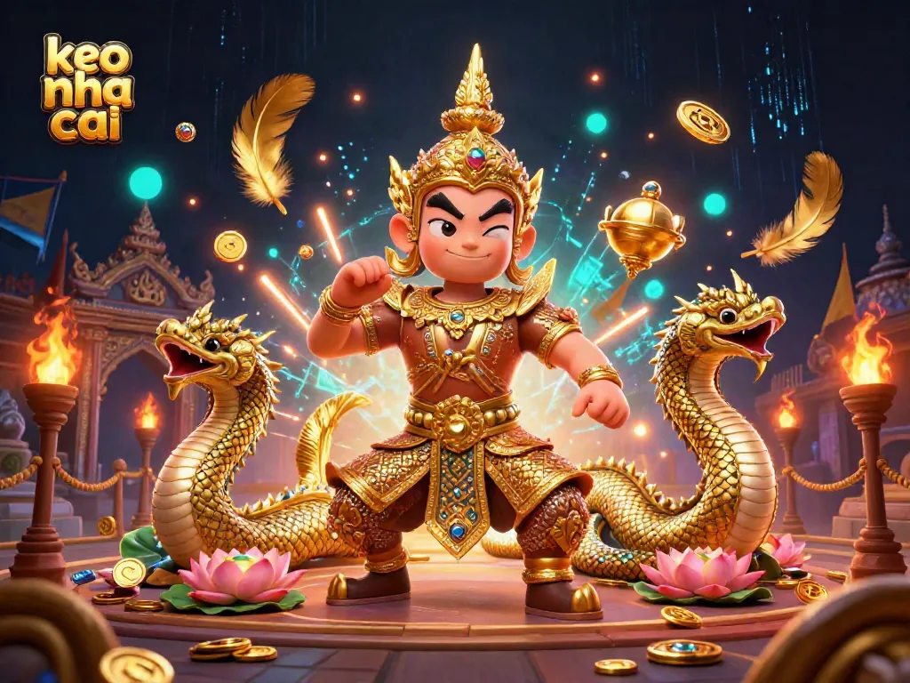 Place bets with keo nha cai featuring a guardian and Naga serpents in a dynamic gambling arena.