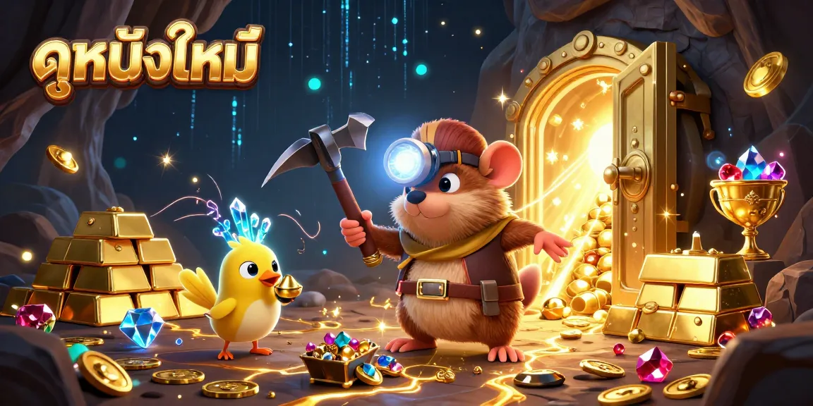 Engage in ดูหนังใหม่ action with a vibrant casino-themed illustration of a treasure hunter exploring a glittering cave filled with gems and gold.