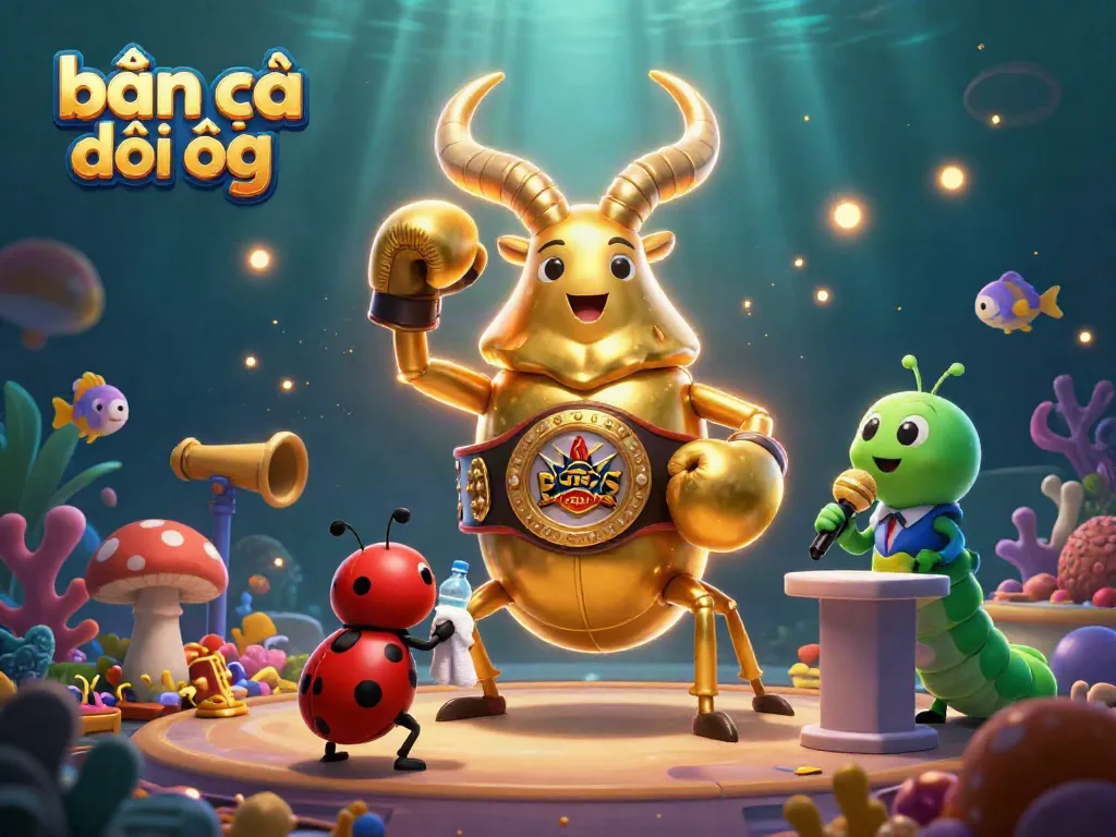 Experience bắn cá đổi thưởng in a vibrant underwater scene featuring a golden stag beetle champion facing off, surrounded by sea treasures.