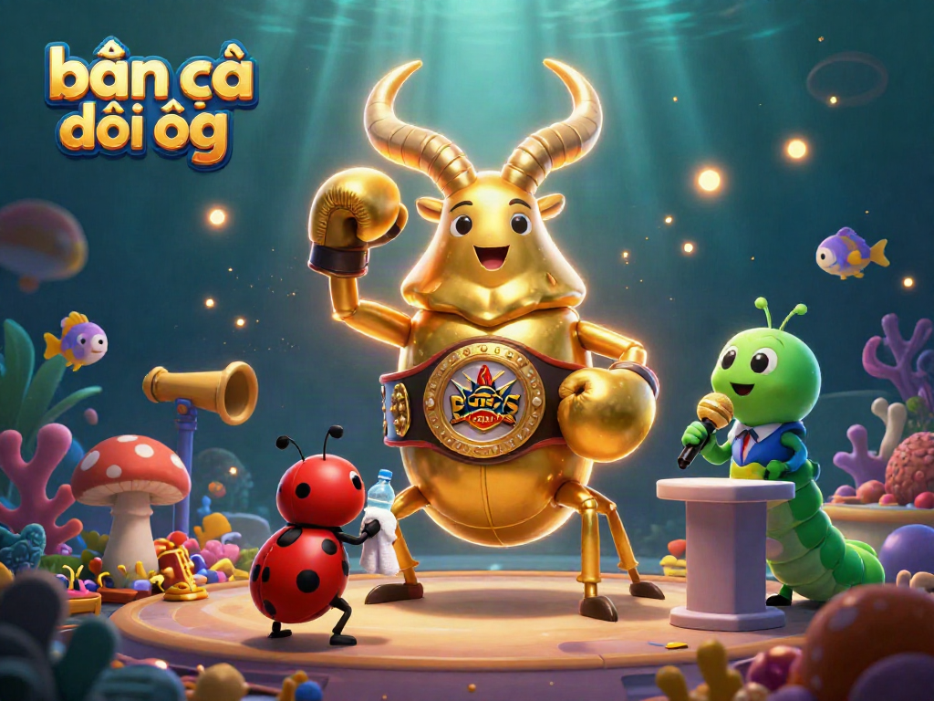 Experience bắn cá đổi thưởng in a vibrant underwater scene featuring a golden stag beetle champion facing off, surrounded by sea treasures.