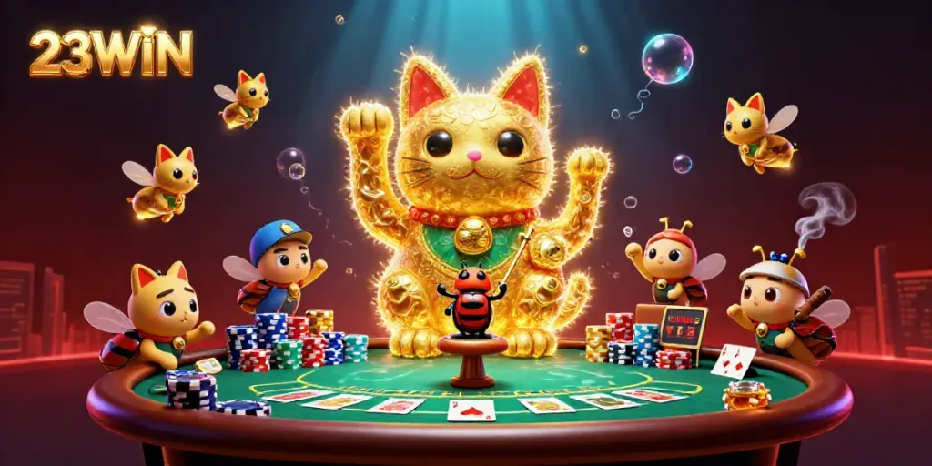 A vibrant 3D illustration showcasing a golden lucky cat made of fireflies at a casino scene, highlighting 23WIN gaming elements.