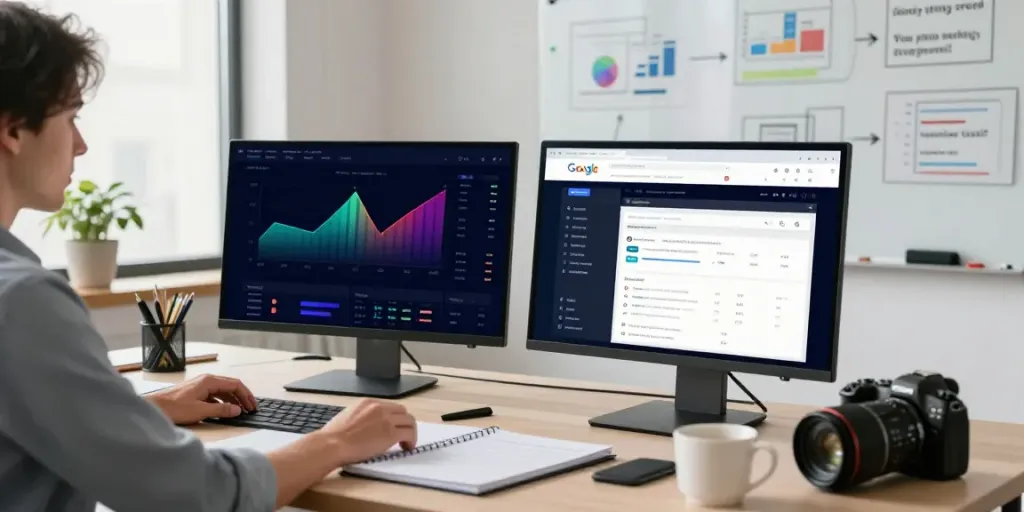 SEO specialist analyzing instant indexing data in a modern office