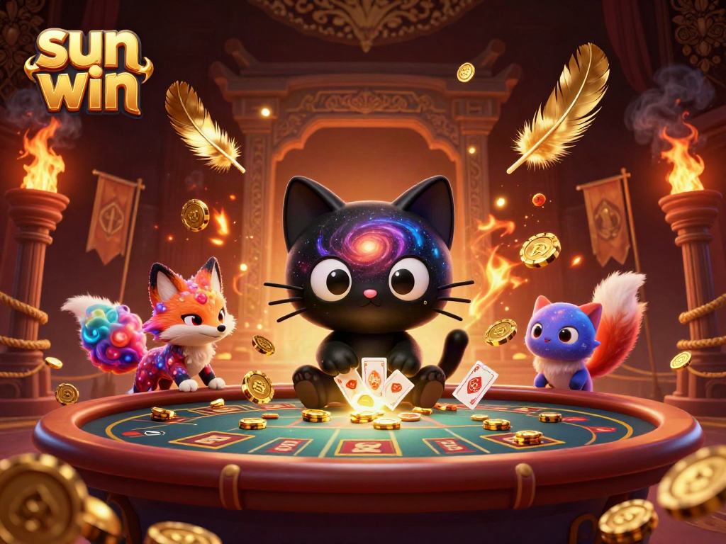 Engage in thrilling gameplay at Sun Win, where cosmic characters lure in chips and cards in a vibrant casino scene.