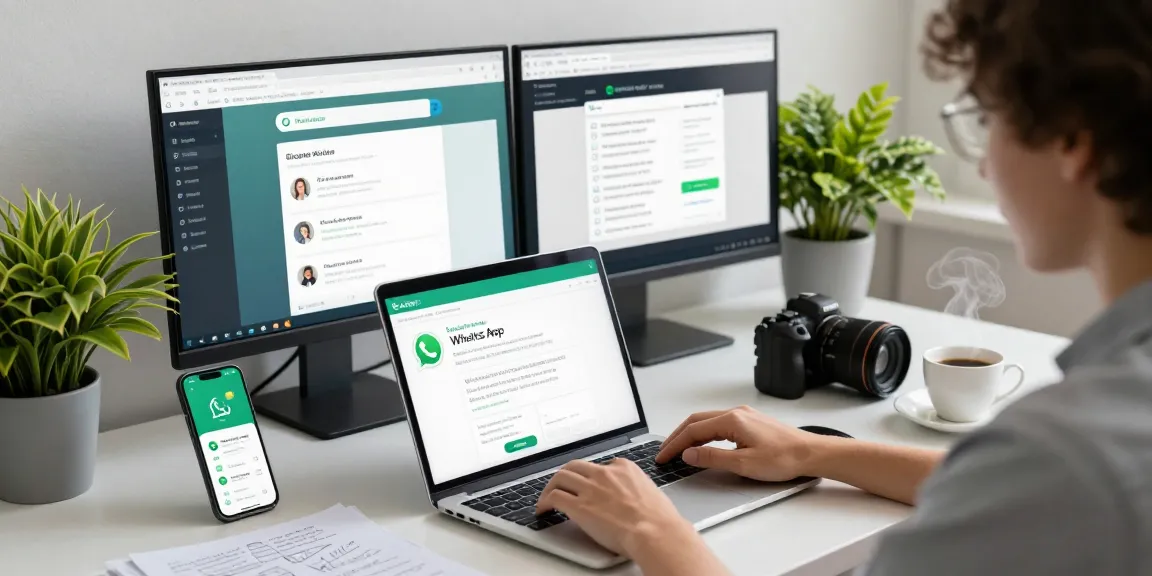 WhatsApp下載 on a professional's laptop in a modern workspace with notifications and coffee