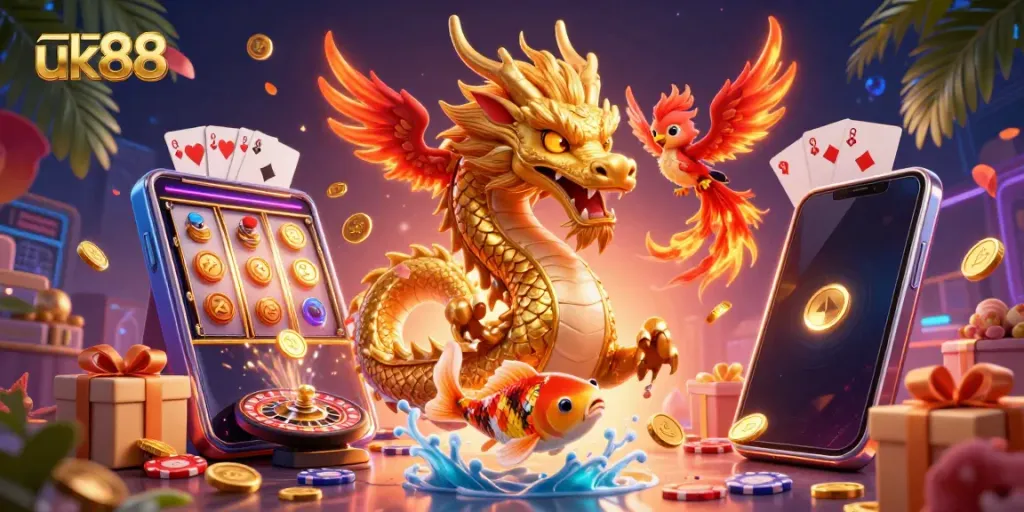 Engage with exciting uk88 gameplay as a golden dragon and phoenix leap through coins, showcasing vibrant slot game elements.