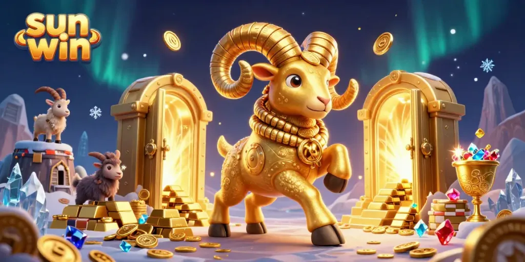 Join the exhilarating world of Sun Win with golden ram charging through treasure-filled gauntlet, thriving in vibrant casino atmosphere.