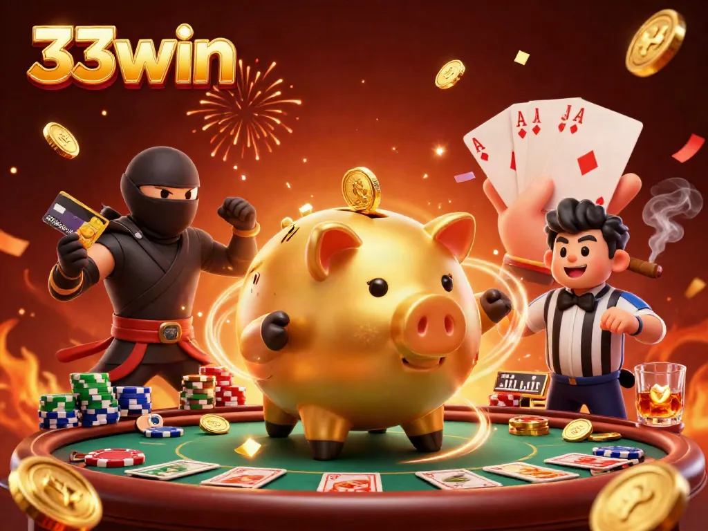 Experience the vibrant energy of 33win with a dynamic casino illustration featuring animated characters and rich gaming elements.