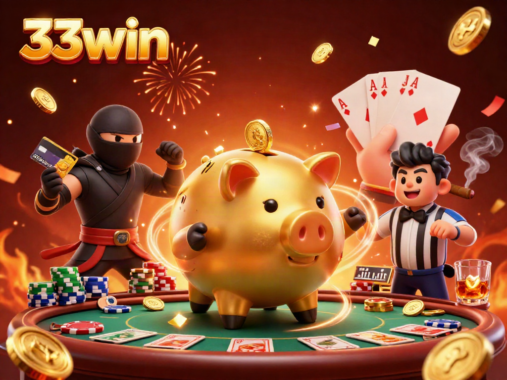 Experience the vibrant energy of 33win with a dynamic casino illustration featuring animated characters and rich gaming elements.