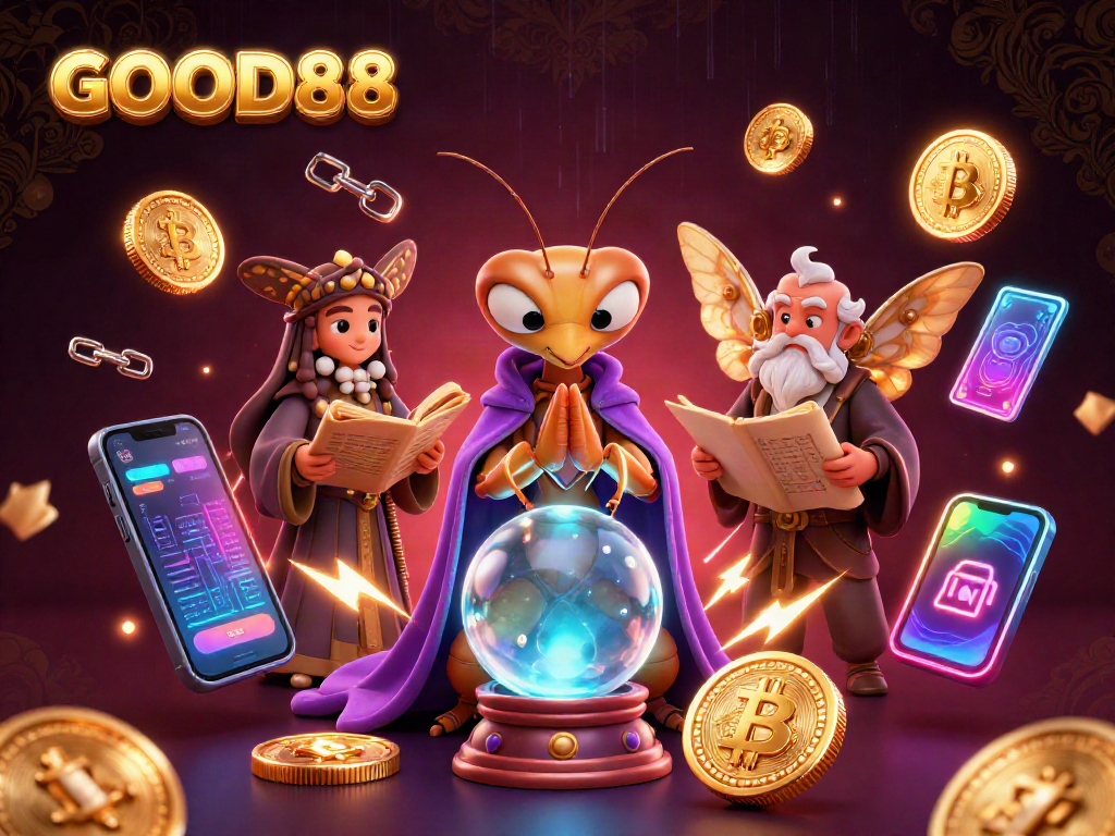 Engage in thrilling games at GOOD88 with a 3D fortune teller, glowing crypto coins, and enchanting atmosphere.
