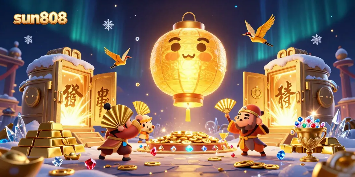 Win big with sun808 in this vibrant casino scene filled with lucky symbols and treasures.