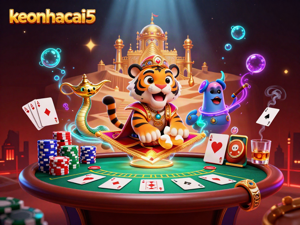 Experience the thrill of keonhacai5 with a vibrant 3D scene featuring a tiger sultan on a poker chip carpet.