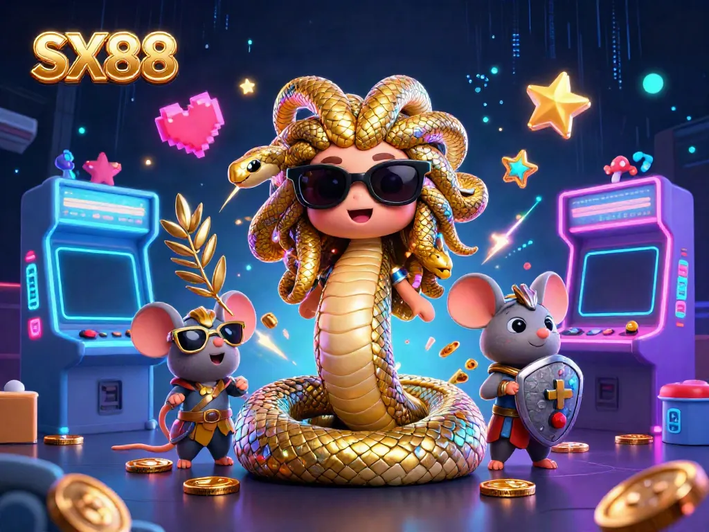 SX88 showcases a lively scene with Medusa and a warrior mouse in a vibrant casino setting full of arcade elements.