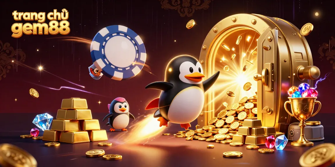 Experience the thrill of playing at trang chủ gem88 with this vibrant 3D illustration of a golden penguin blasting off to a casino.