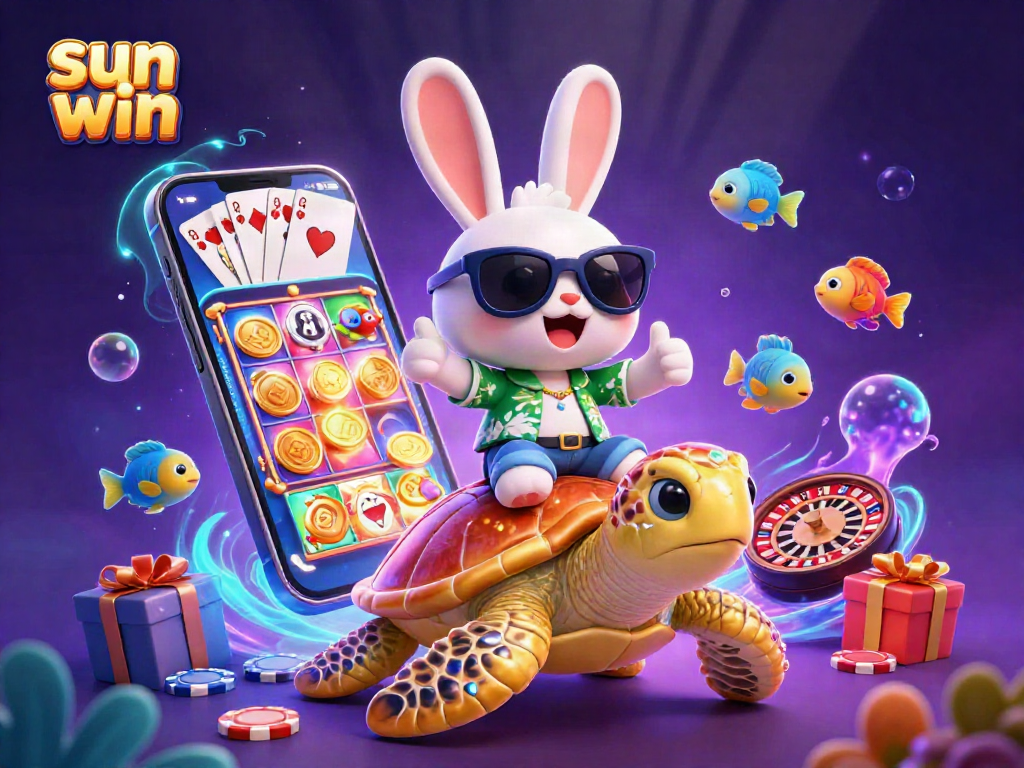 Experience sun win with a lucky rabbit celebrating atop a golden turtle surrounded by colorful casino elements.