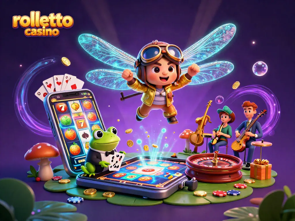 Join the excitement at rolletto casino with a frog dealer and animated characters in a vivid 3D scene.