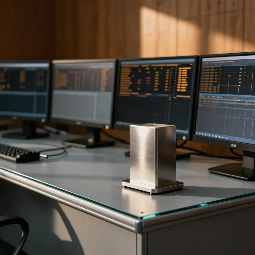 Risk monitoring console with glowing alert beacon in a finance office corner