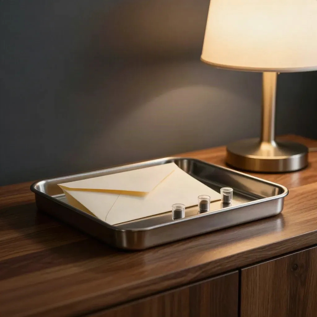 Stainless cash tray, ivory envelope, and coin capsules beside a warm lamp at dusk.