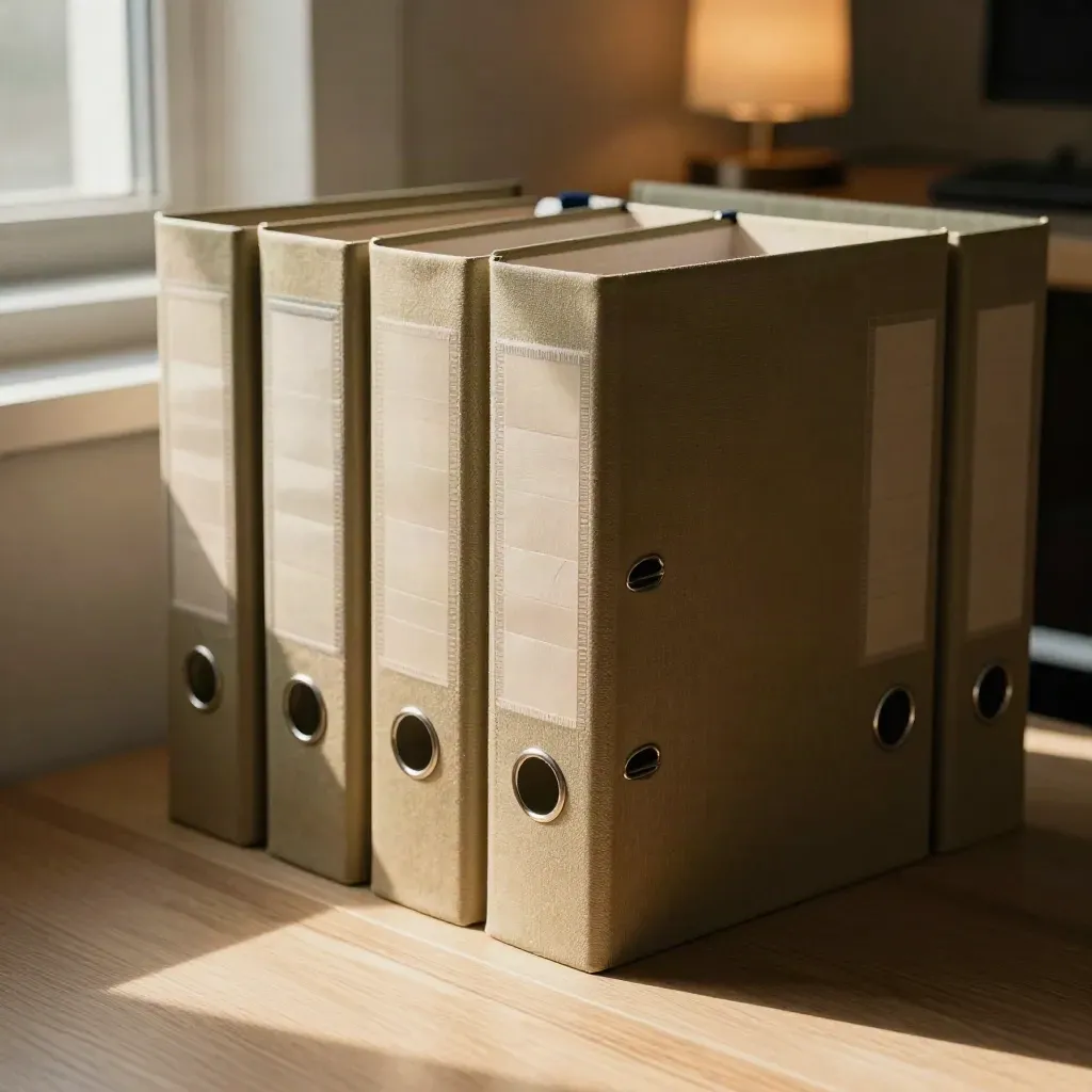 Stepped fixed-income binders and brushed-metal bars arranged like a quiet ladder in warm office light.