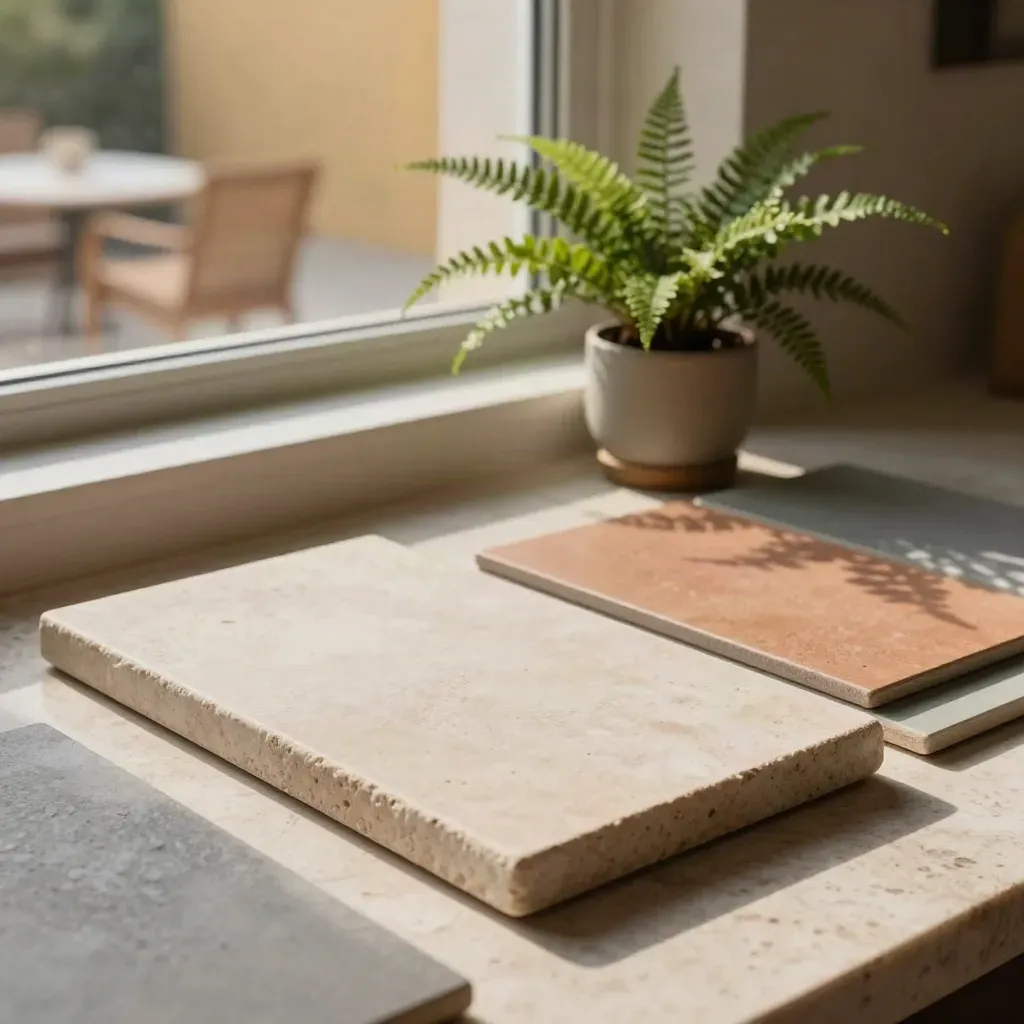 Matte market tiles, pale stone block and fern arranged on travertine in warm window light.
