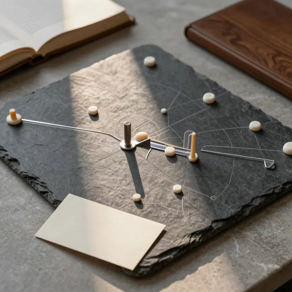 Overhead slate risk map with ivory markers and a folded card in soft window light
