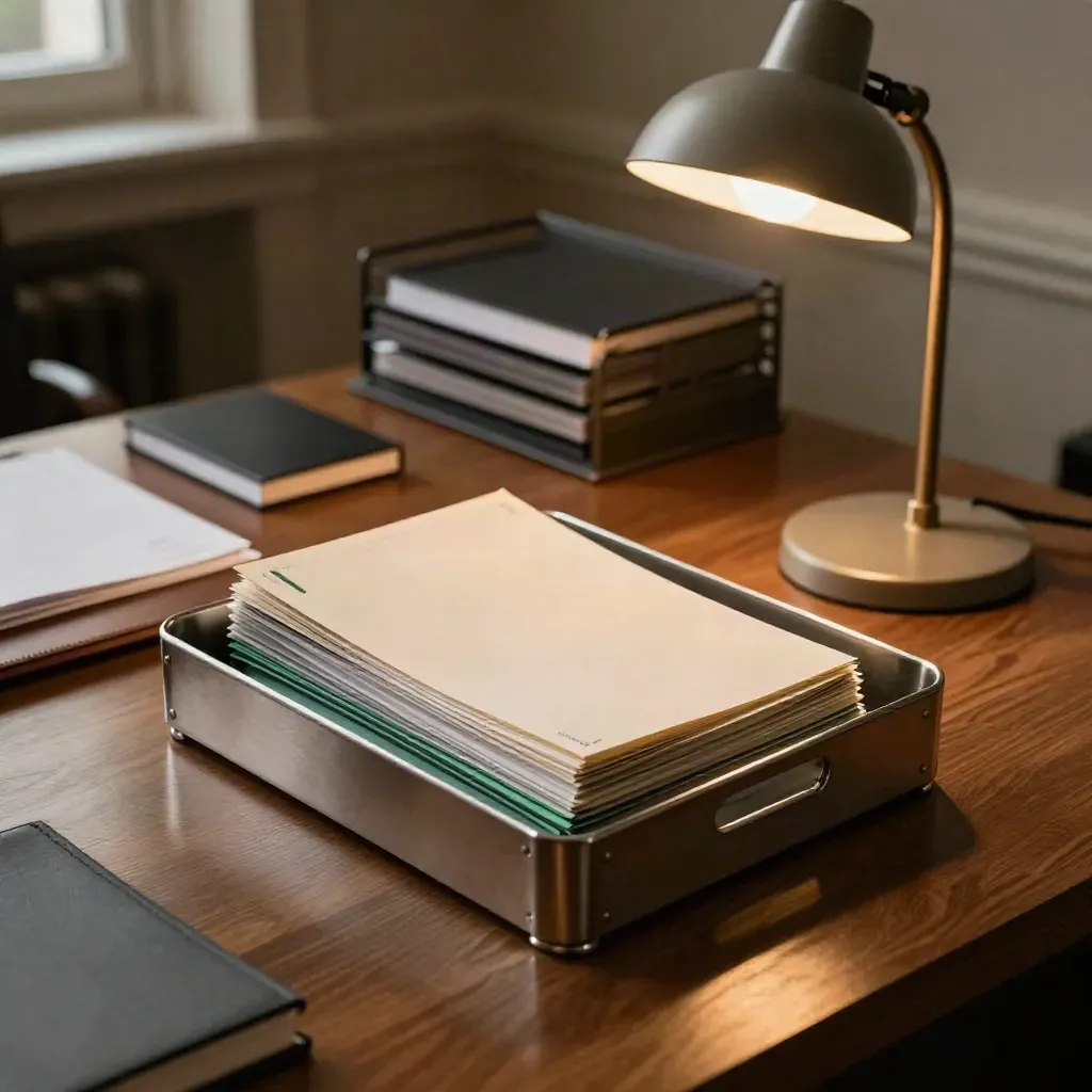 Cash tray, fixed-income folders and a desk lamp glowing in a quiet investment office.