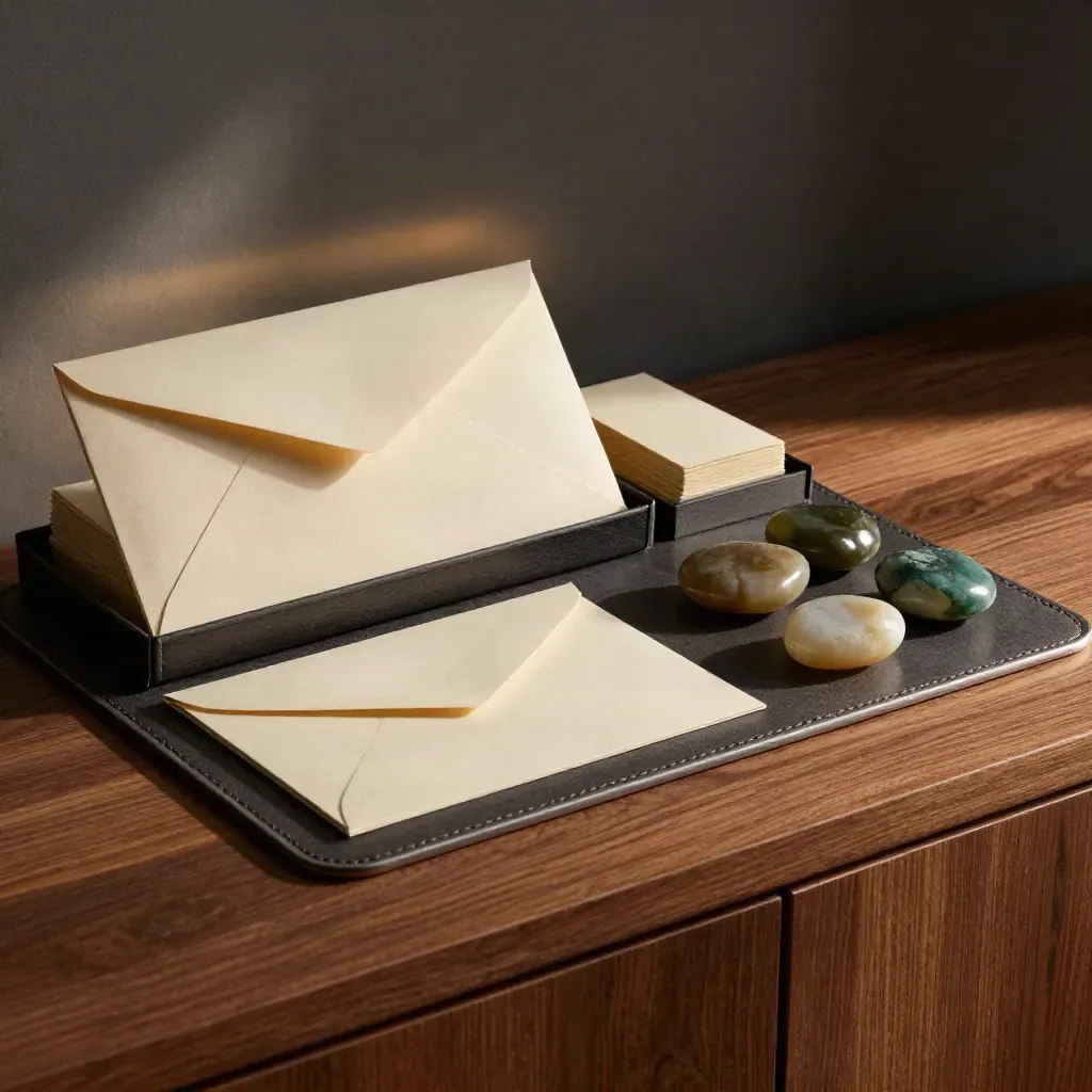 Low-angle finance tray with cards, cash envelope and three stone weights in soft late light.