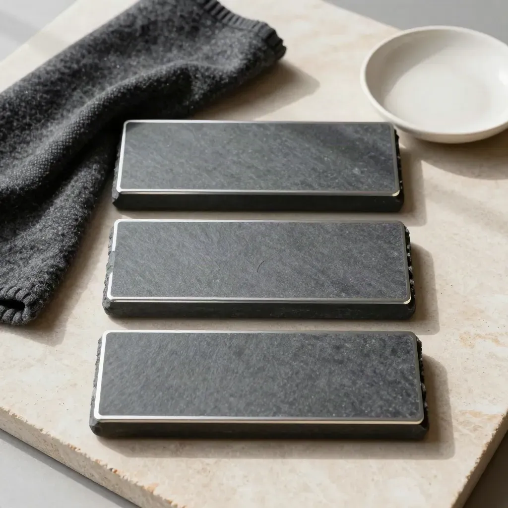 Slate model portfolio blocks with wool cloth and ceramic dish on stone