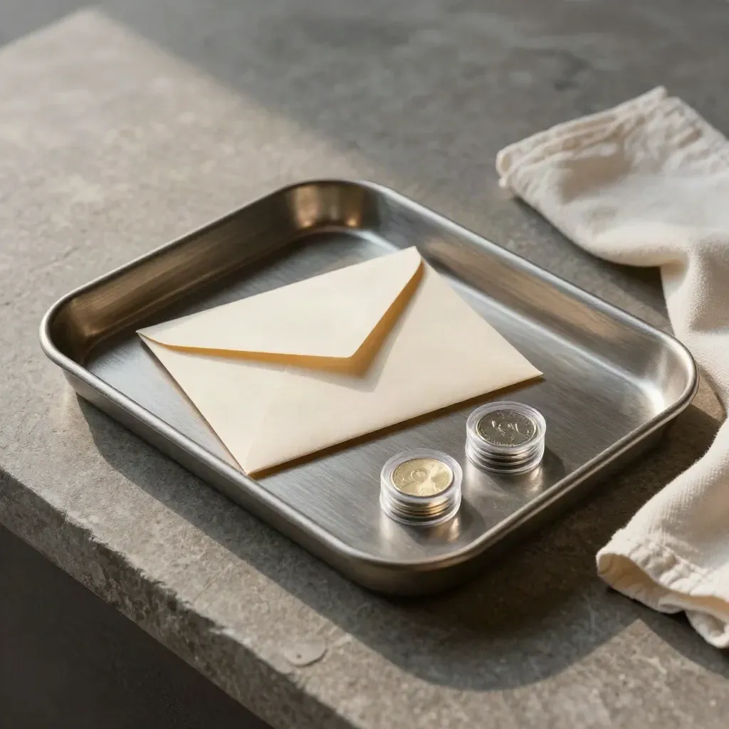 Metal cash tray, sealed envelope, coin capsules and folded cloth on stone in soft light
